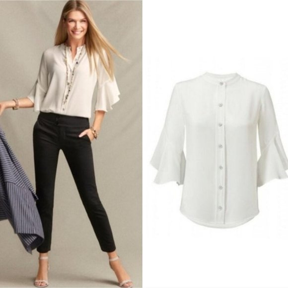 *Cabi Float Flutter Sleeve Blouse #5521 Womens S White Button Front - Picture 1 of 6